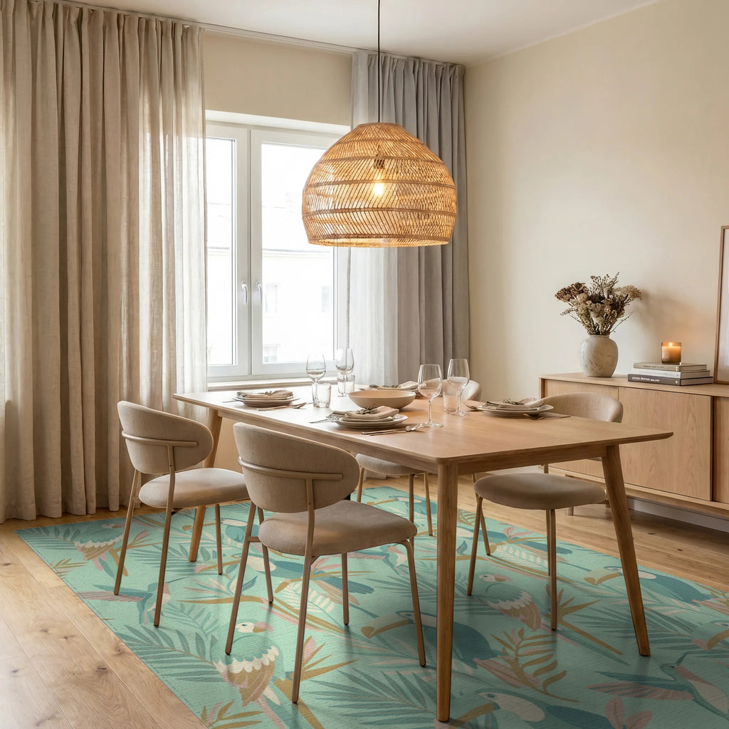 Tropical Birds and Botanicals Medley Rug Dining Room View