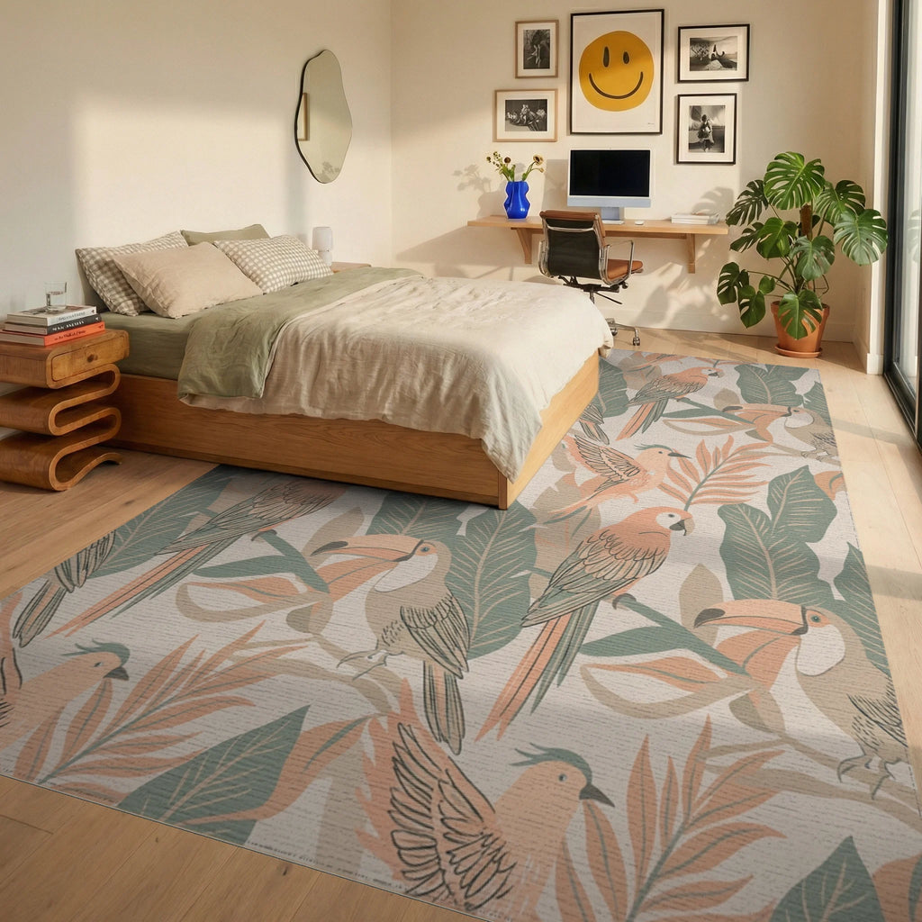 Tropical Birds Orange Green Leaves Rug Bedroom View