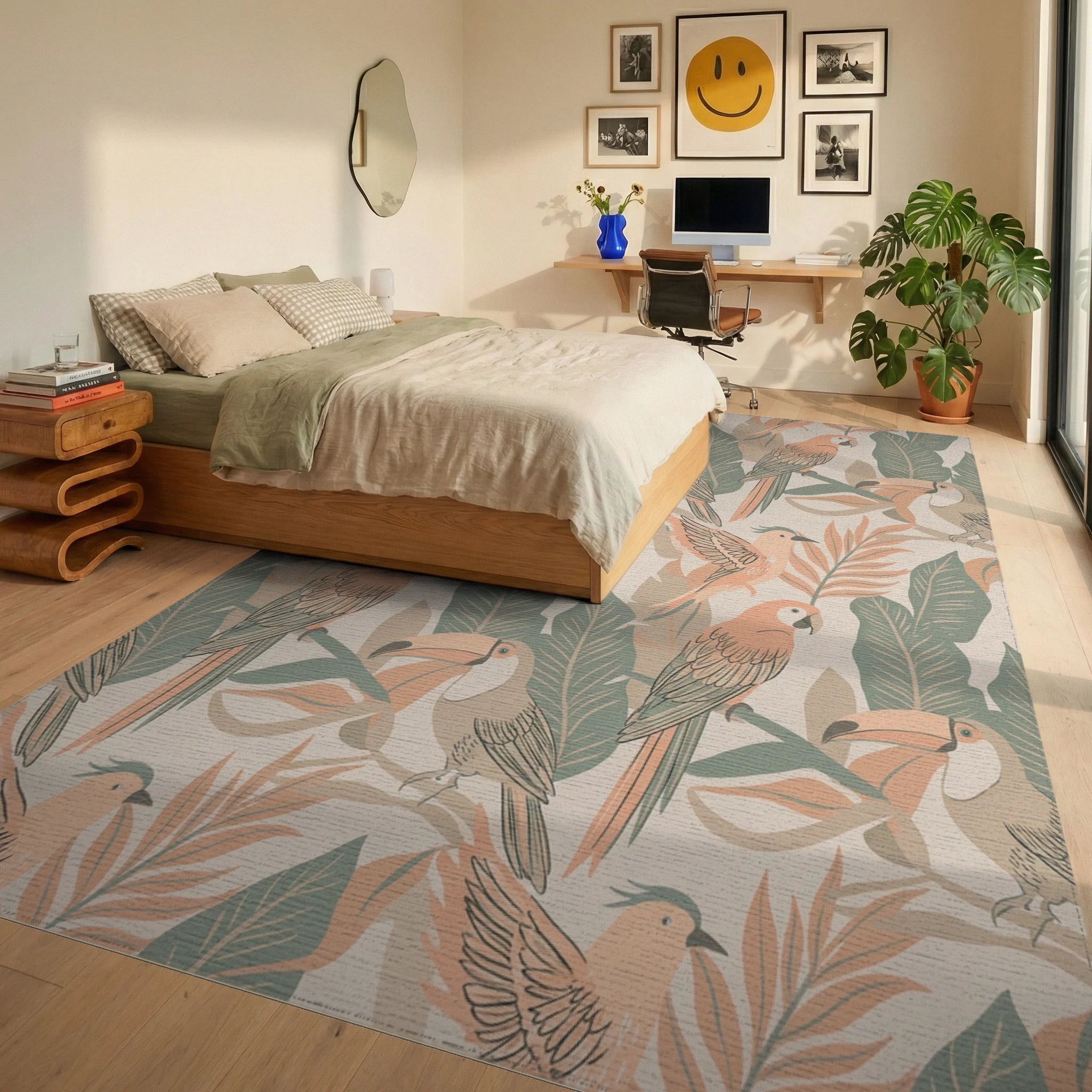Tropical Birds Orange Green Leaves Rug Bedroom View