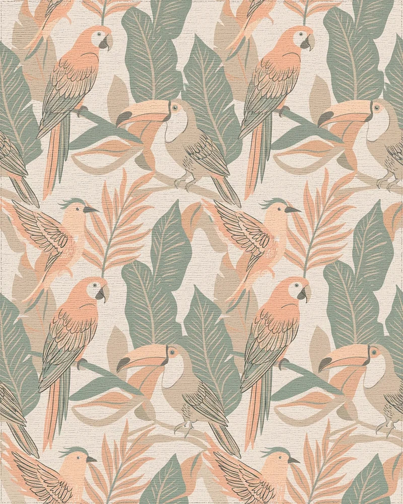 Tropical Birds Orange Green Leaves Rug - Cutout View