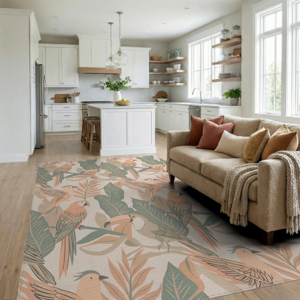 Tropical Birds Orange Green Leaves Rug Living Room View