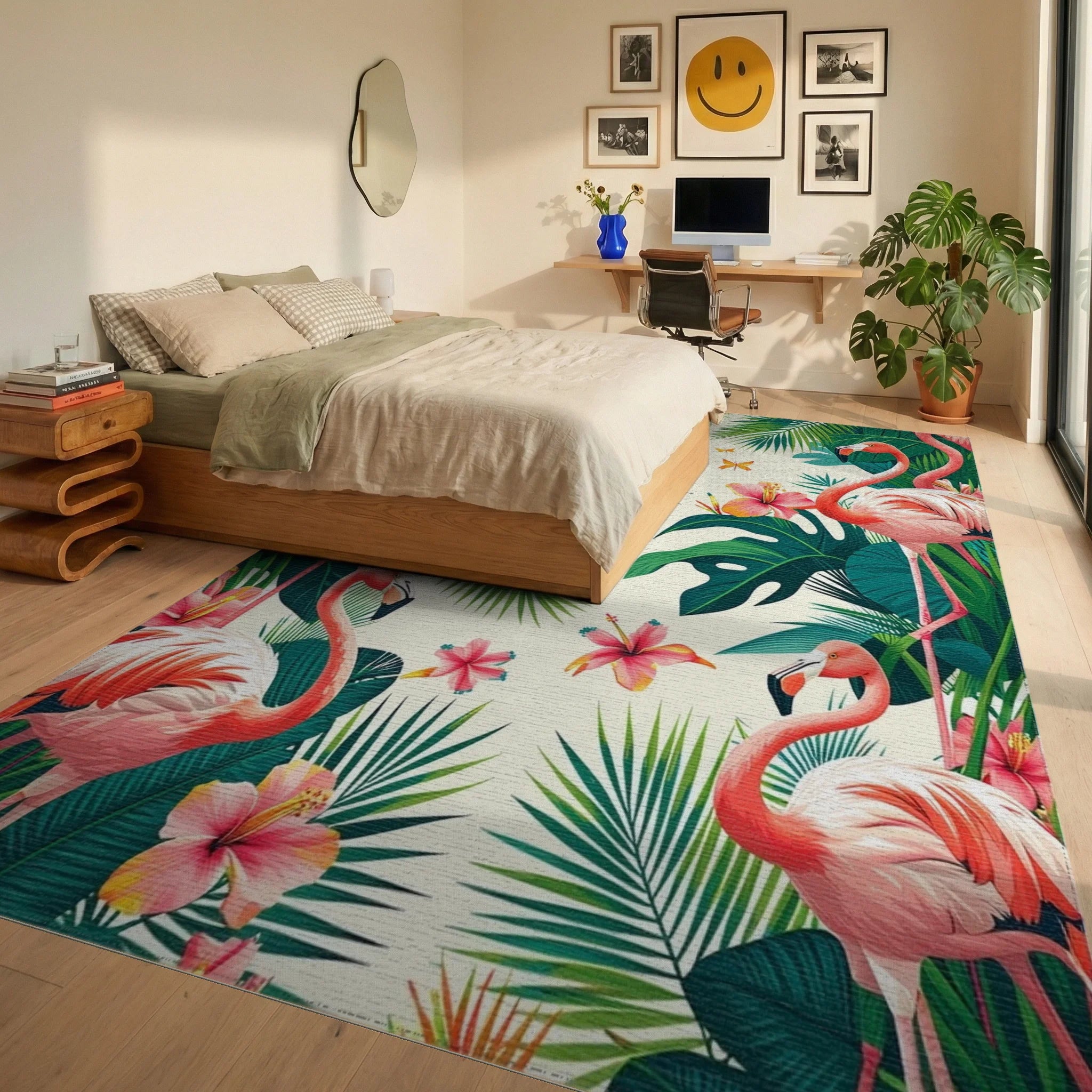Tropical Flamingo And Hibiscus Garden Design Rug - Bedroom View