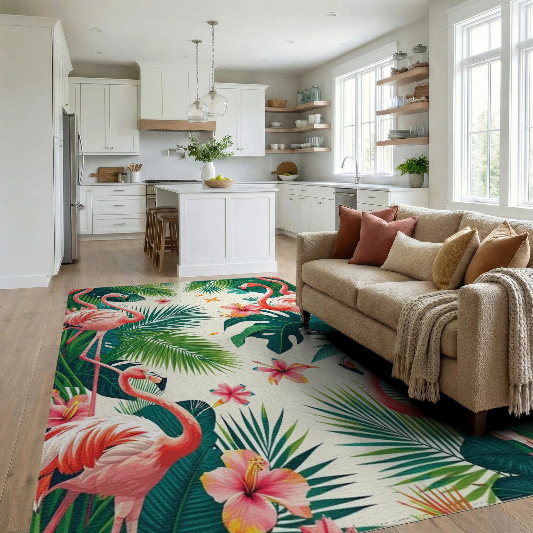 Tropical Flamingo And Hibiscus Garden Design Rug - Living Room View