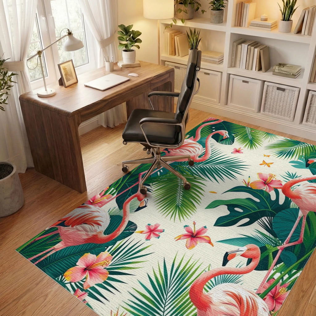 Tropical Flamingo And Hibiscus Garden Design Rug - Office View