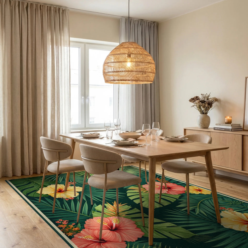Tropical Floral Rainforest Pattern Rug Dining Room View