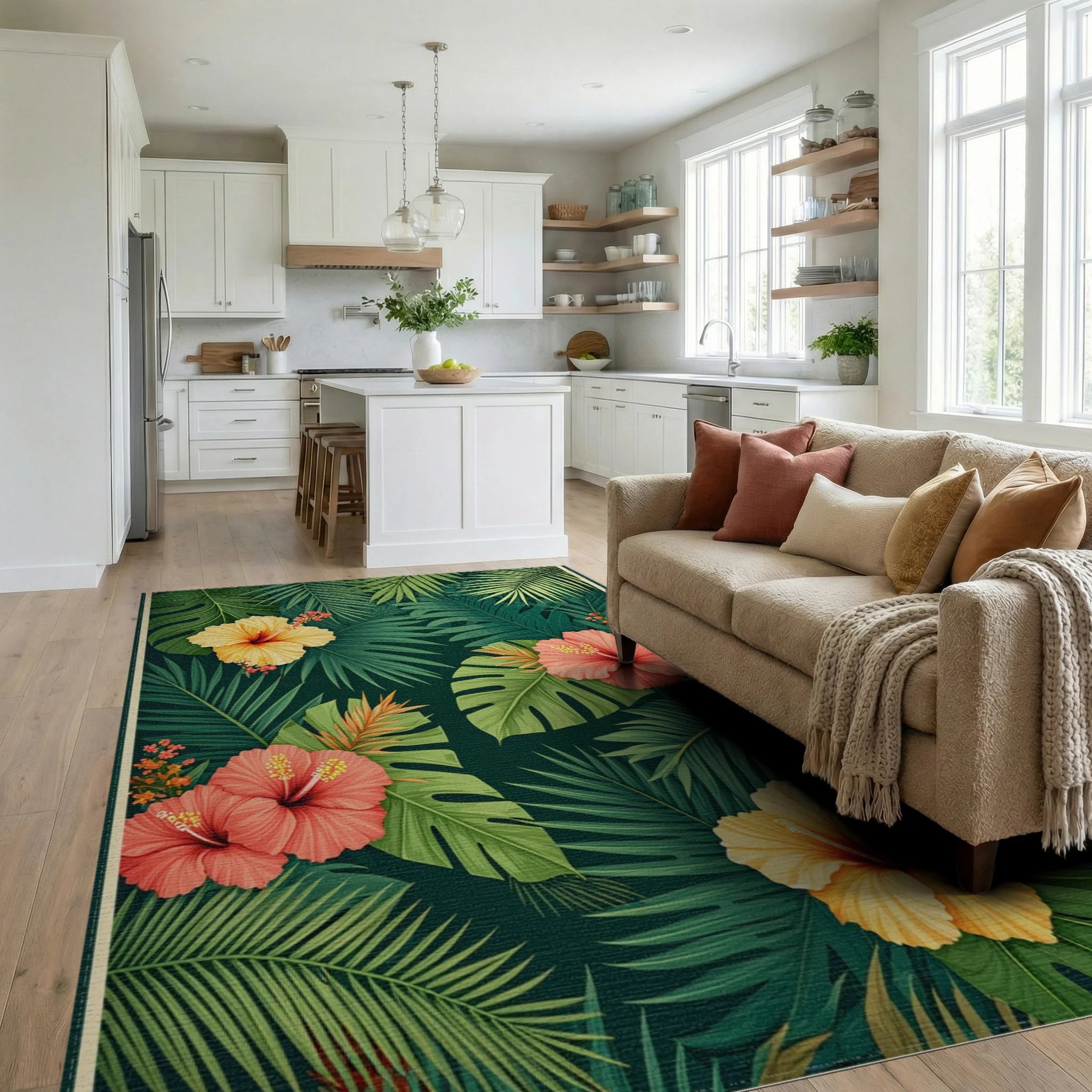 Tropical Floral Rainforest Pattern Rug Living Room View