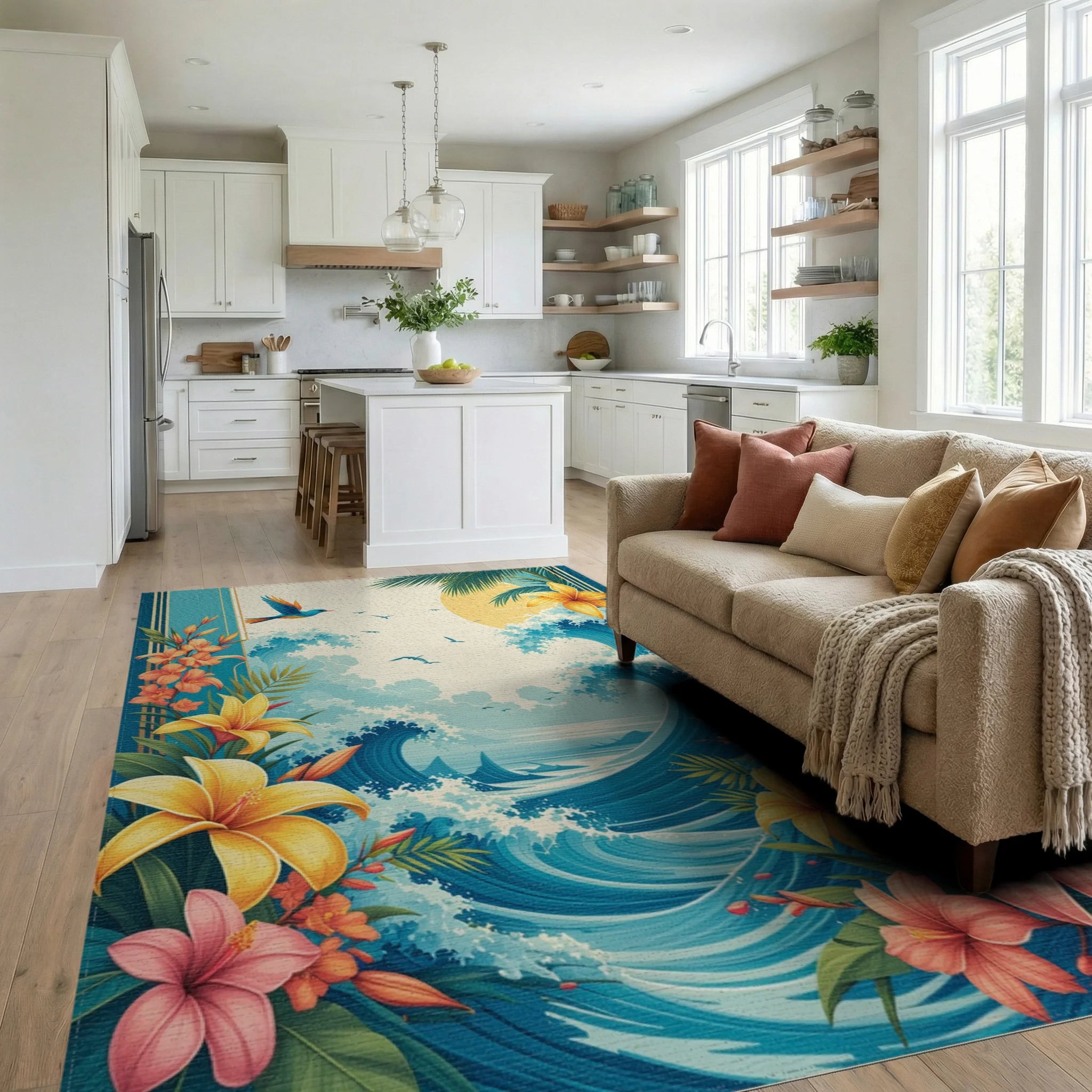 Tropical Floral Wave Paradise Rug Living Room View