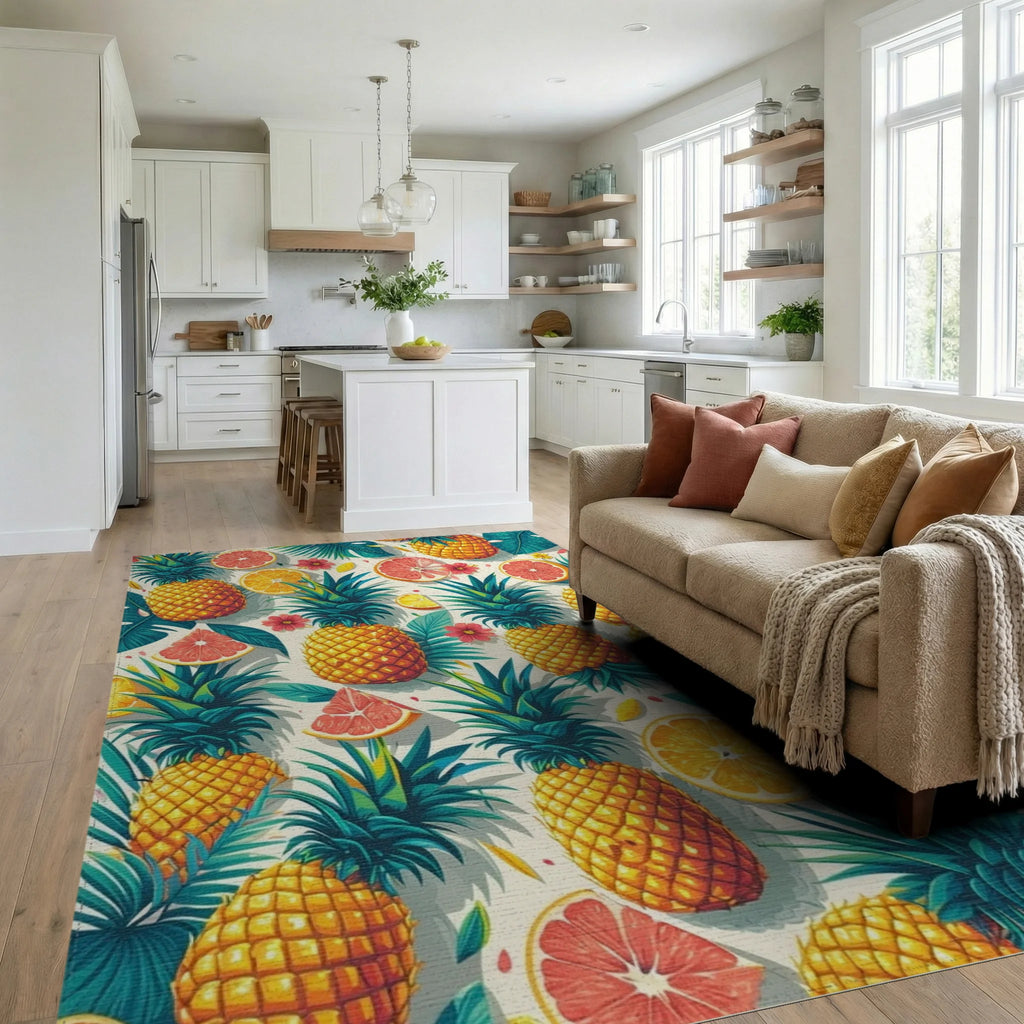Tropical Fruit Pineapple Citrus Design Rug Living Room View