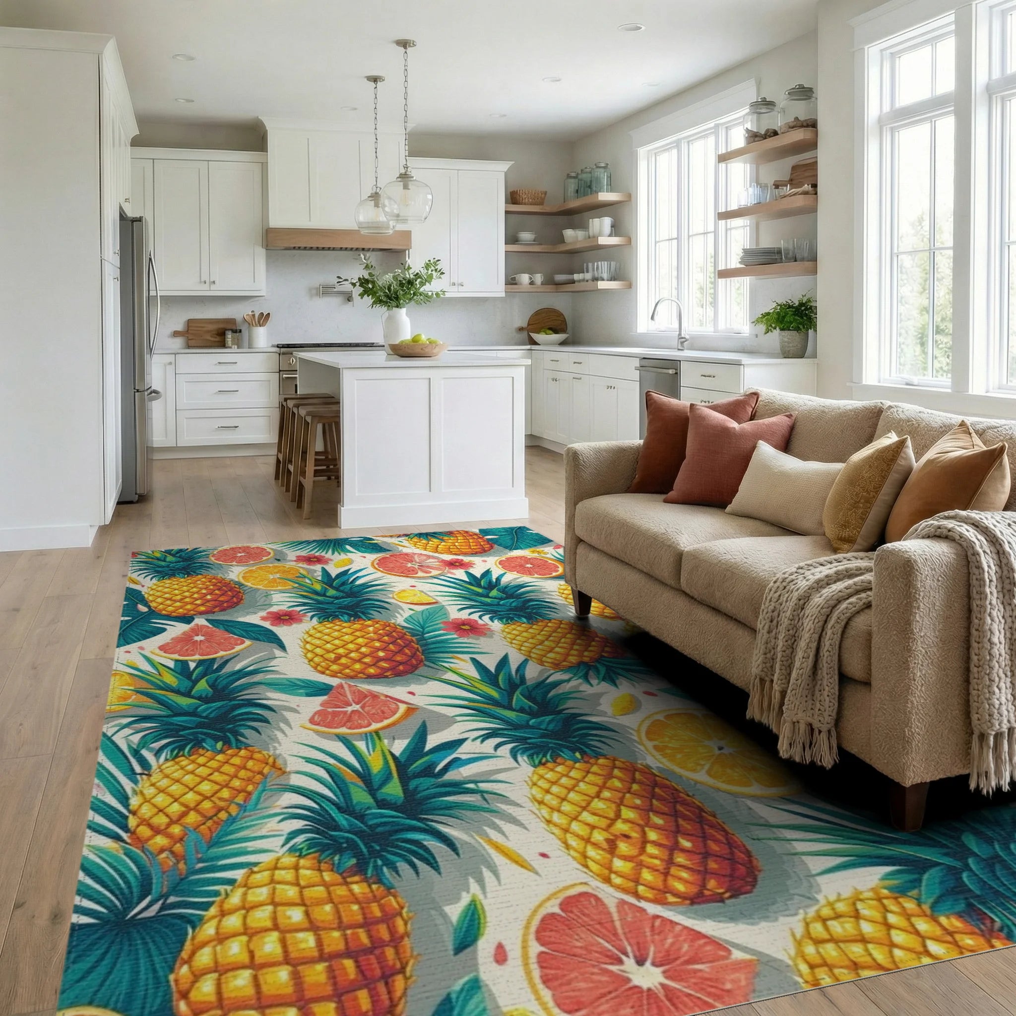 Tropical Fruit Pineapple Citrus Design Rug Living Room View
