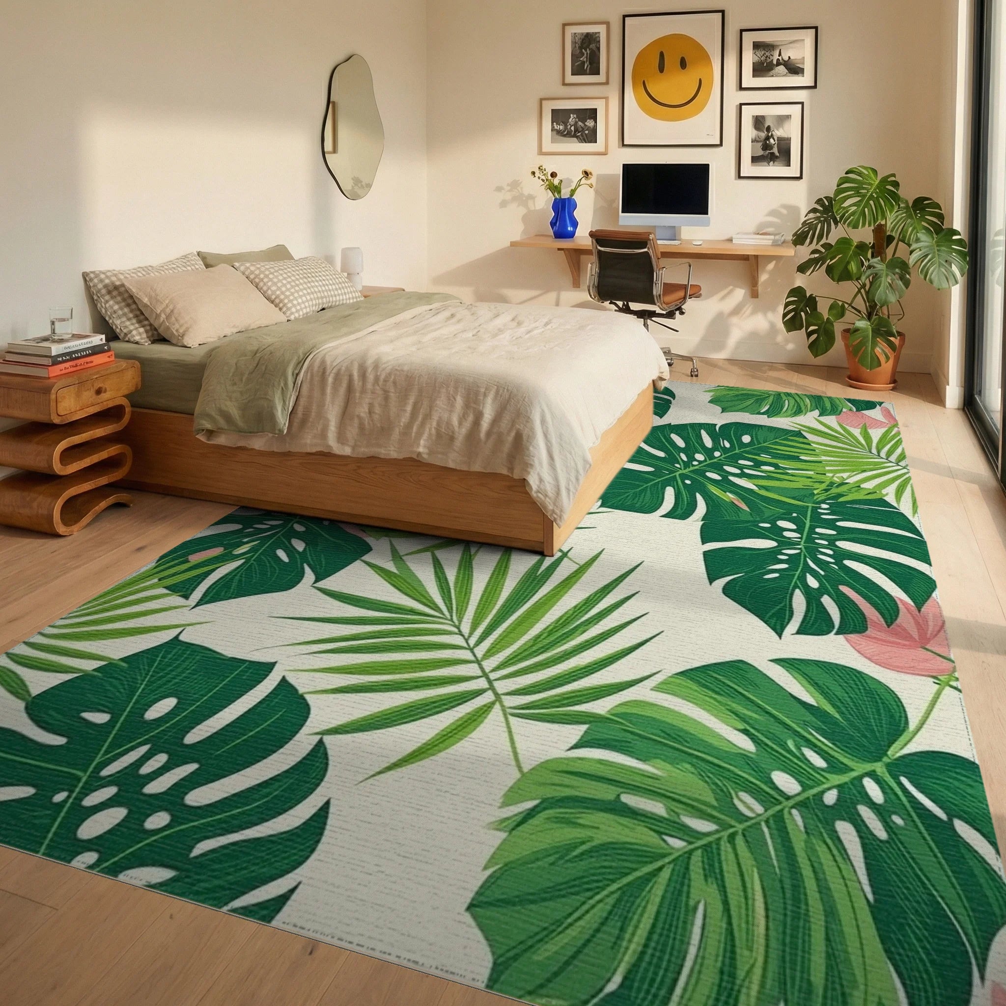 Tropical Green Monstera Palm Rug - Bedroom View