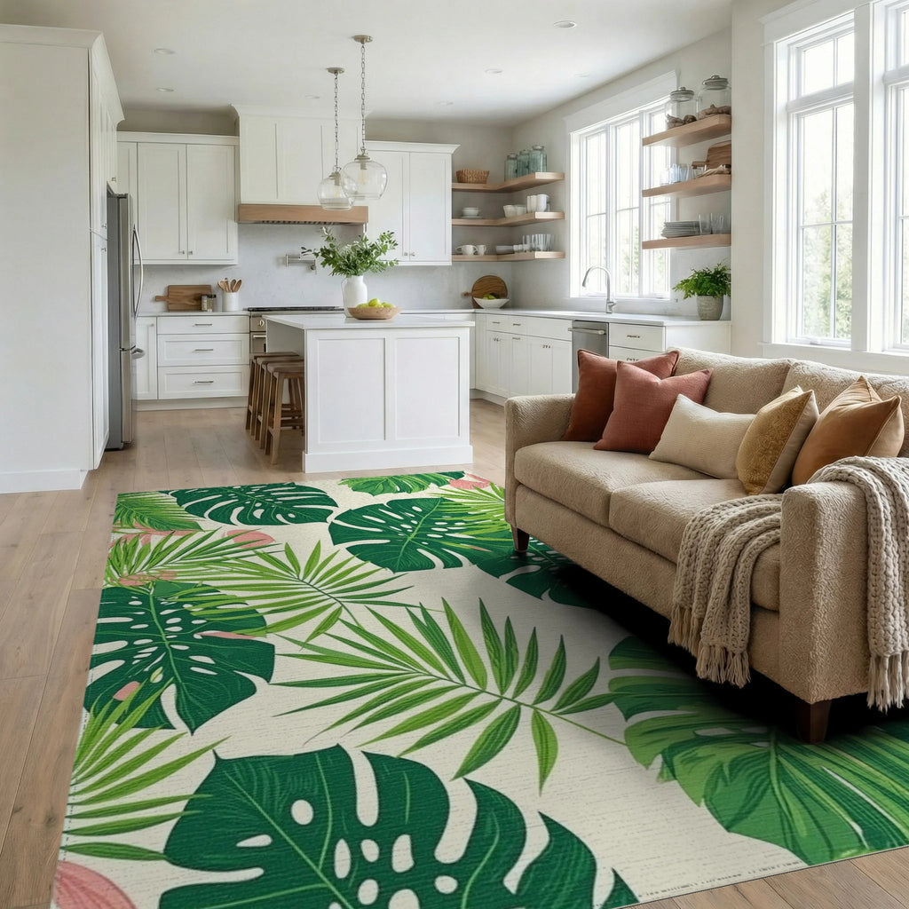 Tropical Green Monstera Palm Rug - Living Room View
