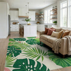 Tropical Green Monstera Palm Rug - Living Room View