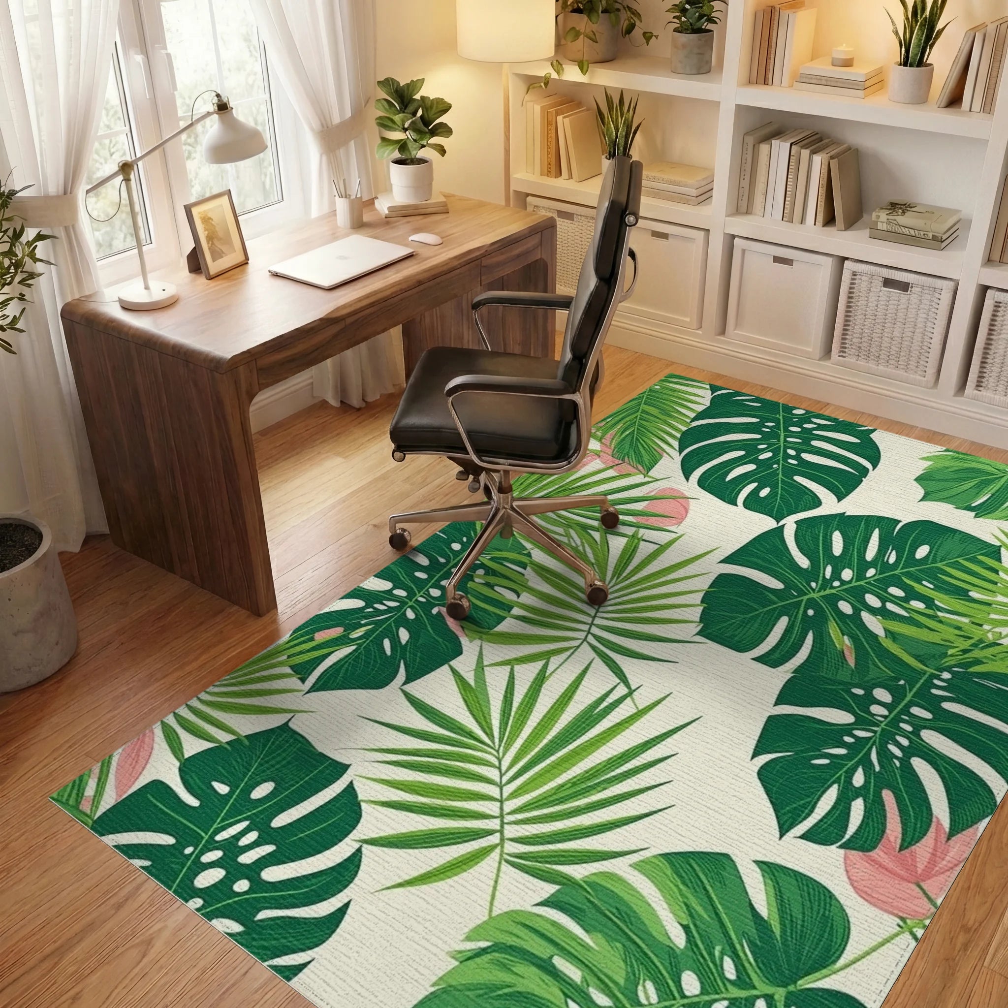 Tropical Green Monstera Palm Rug - Office View