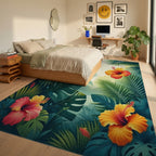 Tropical Hibiscus And Palm Leaf Design Rug Bedroom View