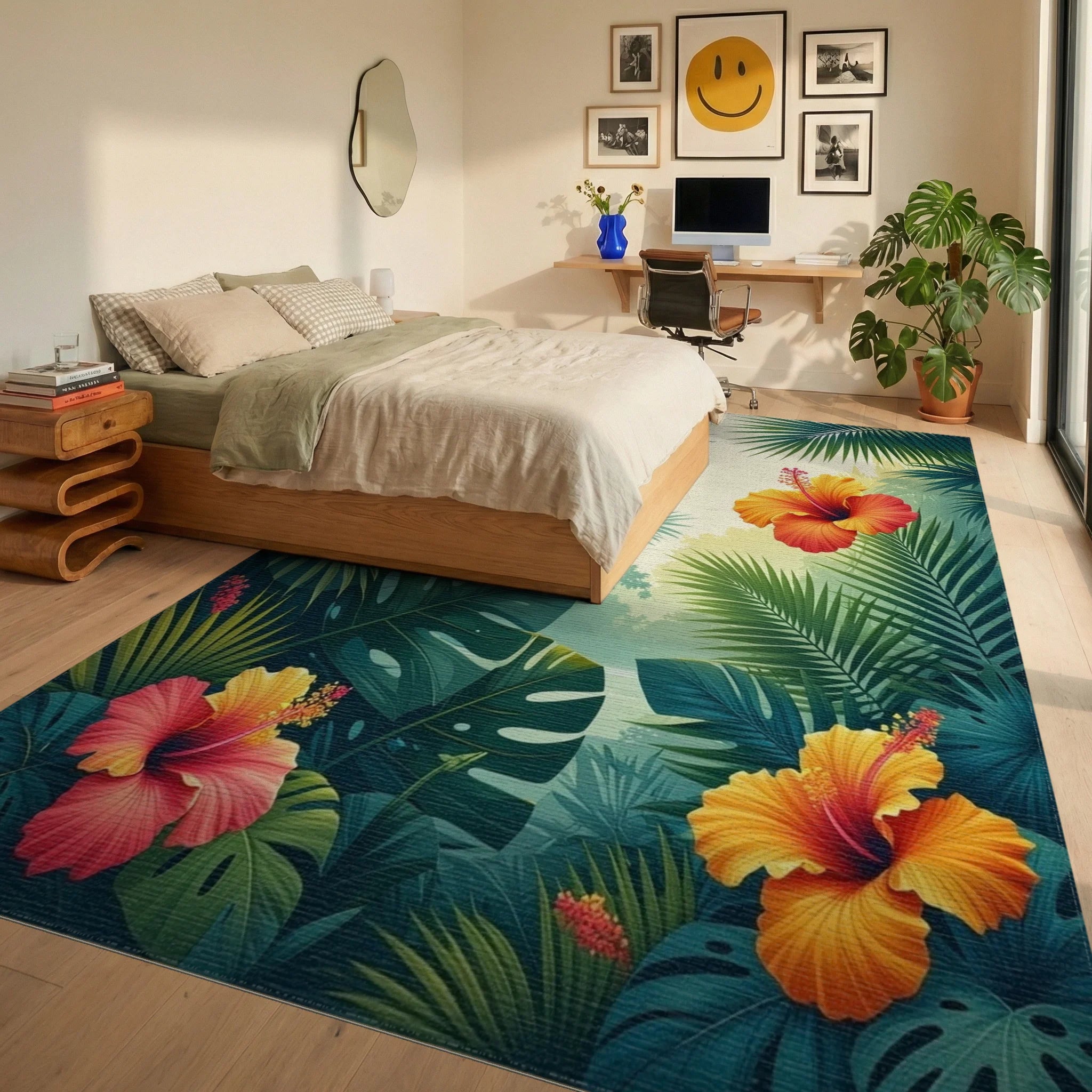 Tropical Hibiscus And Palm Leaf Design Rug Bedroom View