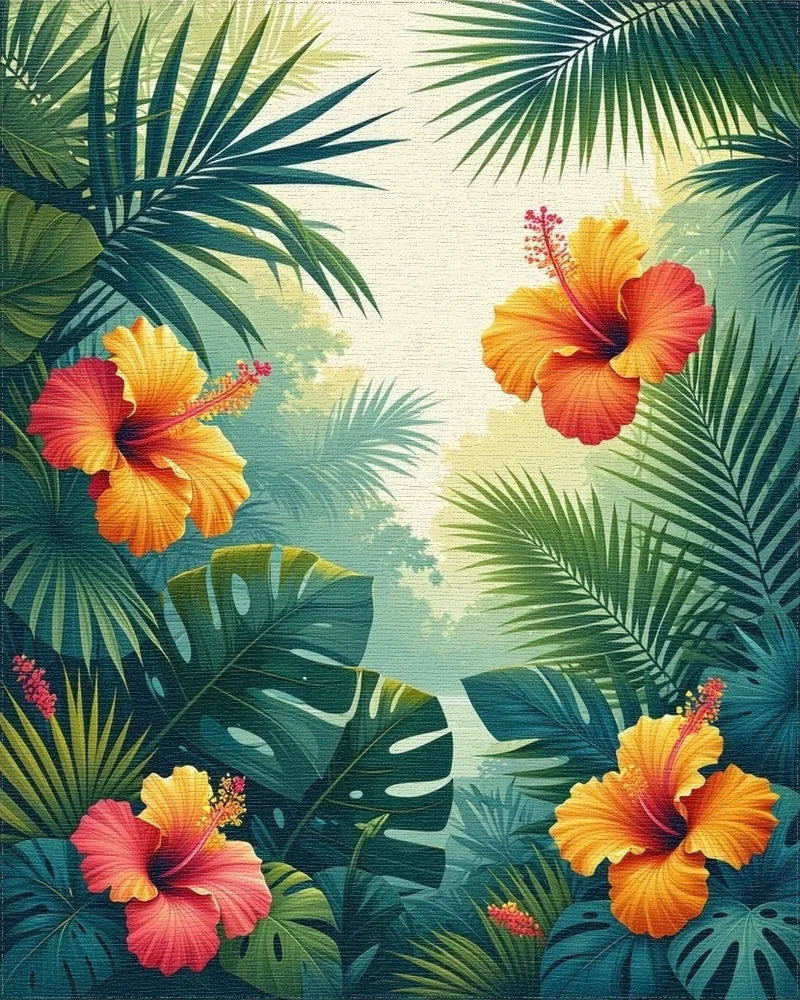 Tropical Hibiscus And Palm Leaf Design Rug - Cutout View