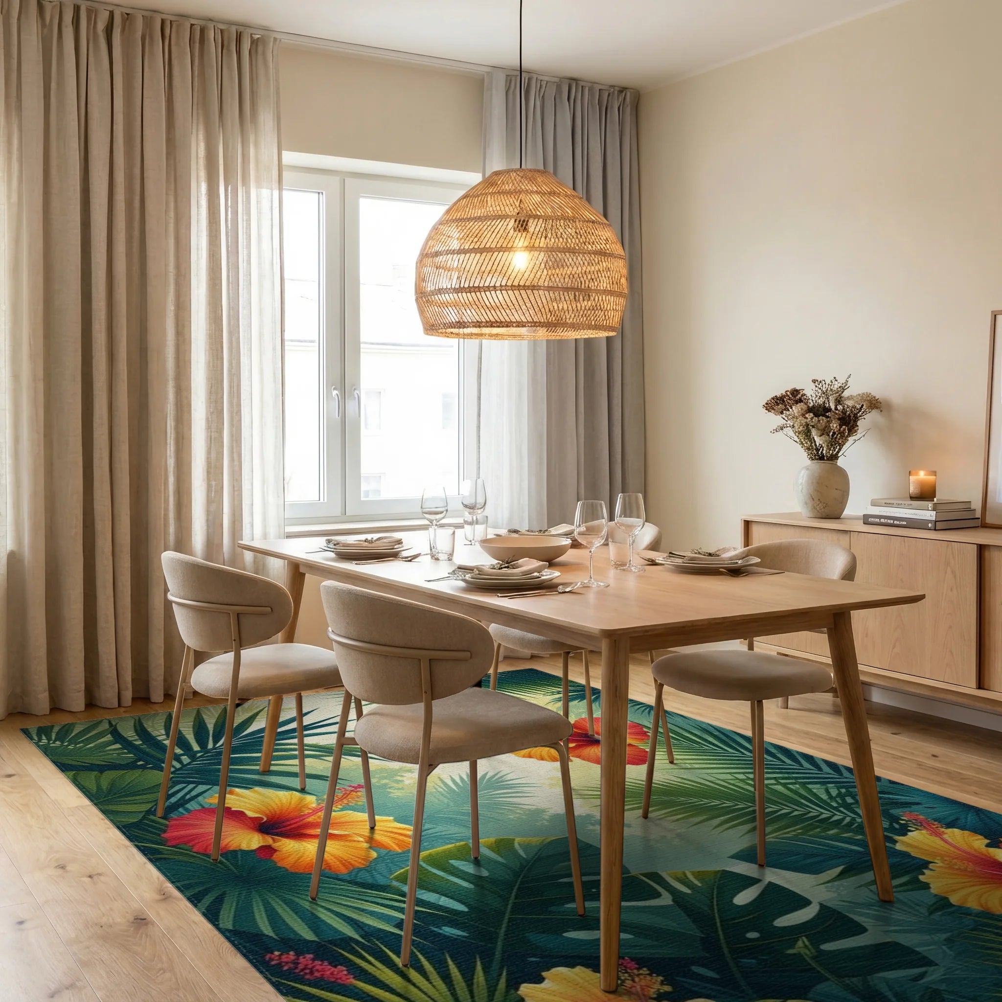 Tropical Hibiscus And Palm Leaf Design Rug Dining Room View