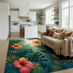 Tropical Hibiscus And Palm Leaf Design Rug Living Room View