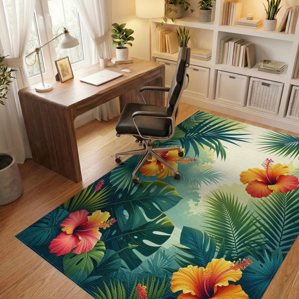 Tropical Hibiscus And Palm Leaf Design Rug Office View