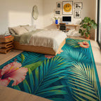 Tropical Hibiscus Floral Teal Palm Rug Bedroom View