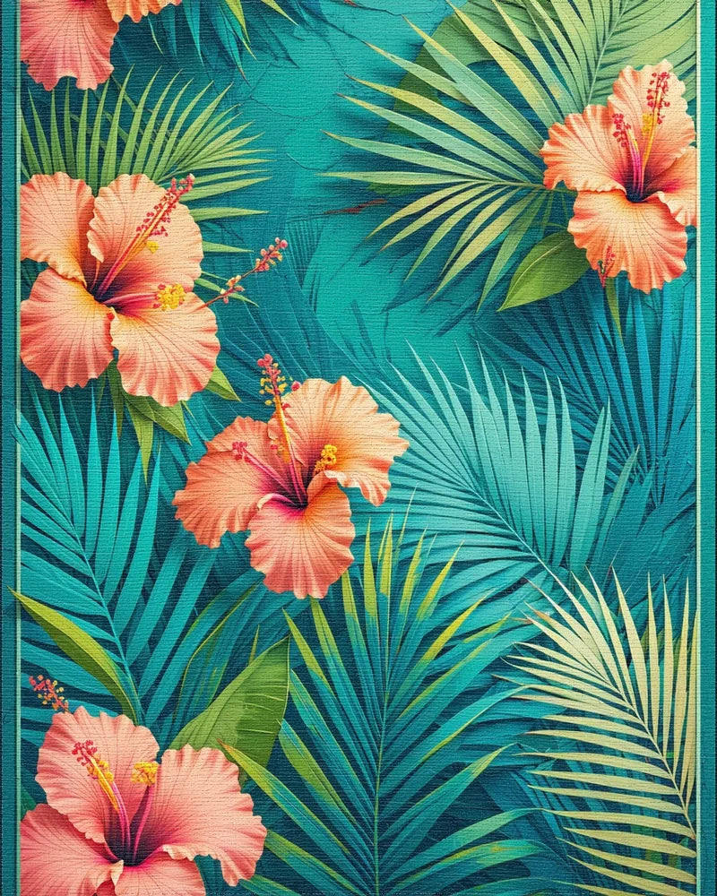 Tropical Hibiscus Floral Teal Palm Rug - Cutout View