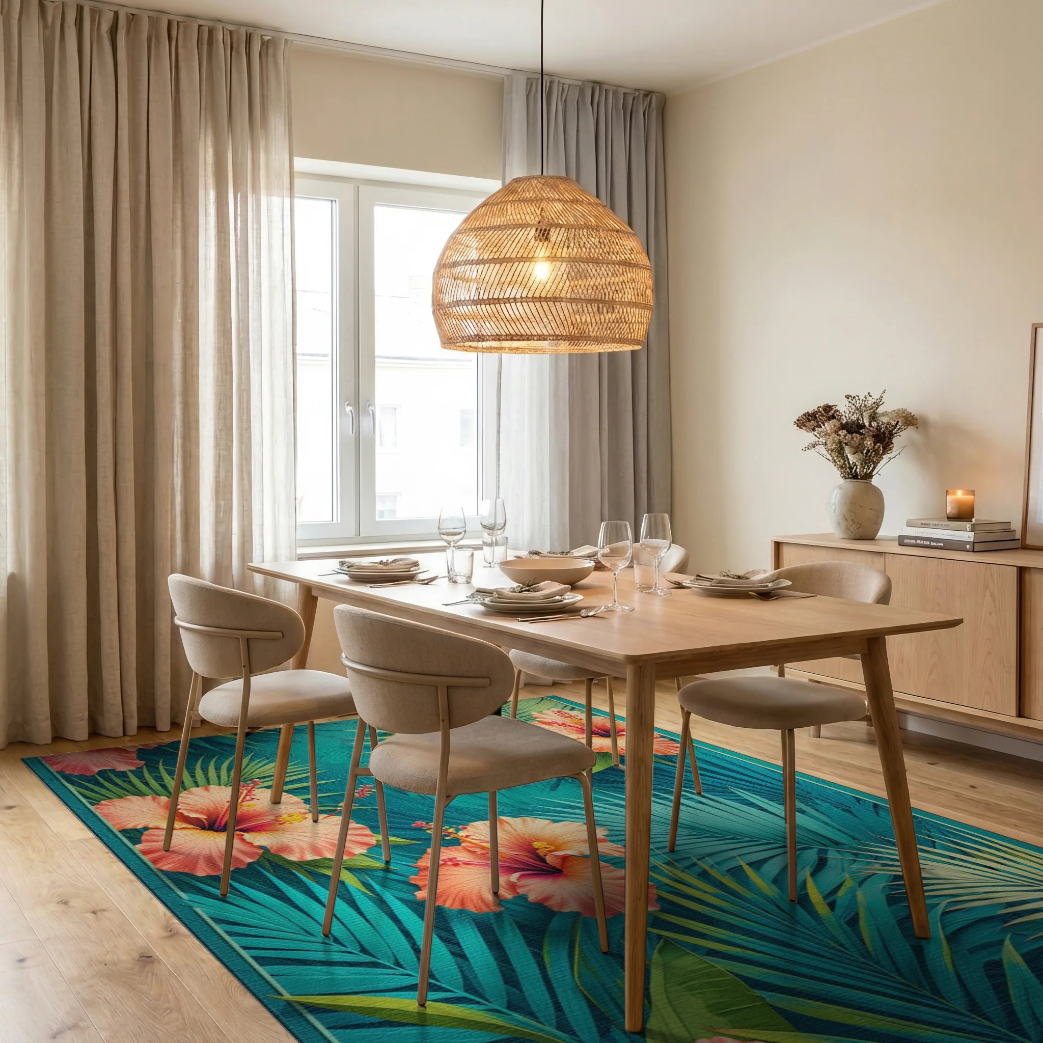 Tropical Hibiscus Floral Teal Palm Rug Dining Room View