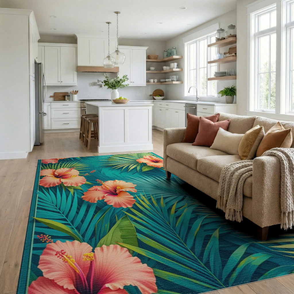 Tropical Hibiscus Floral Teal Palm Rug Living Room View