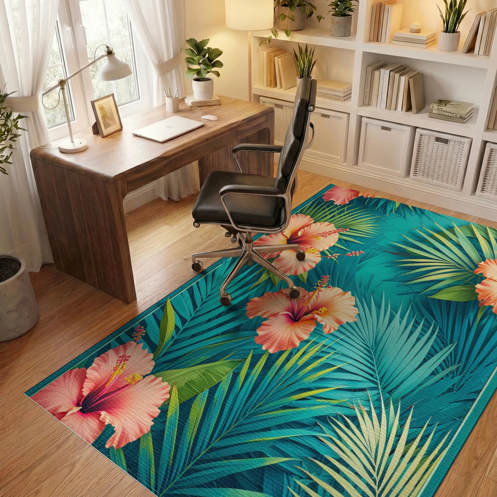 Tropical Hibiscus Floral Teal Palm Rug Office View