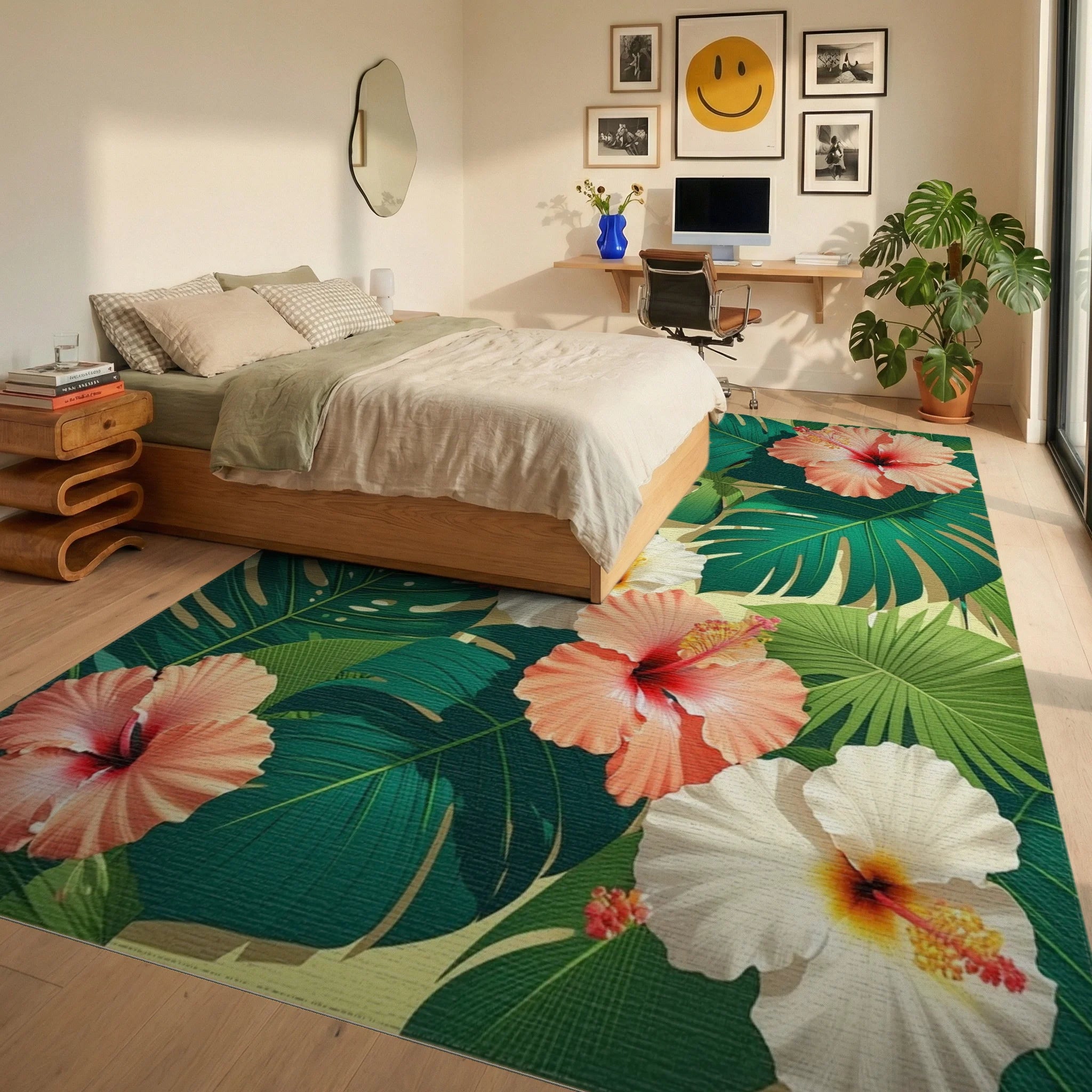 Tropical Hibiscus Flower Botanical Print Rug Bedroom View