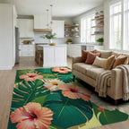 Tropical Hibiscus Flower Botanical Print Rug Living Room View