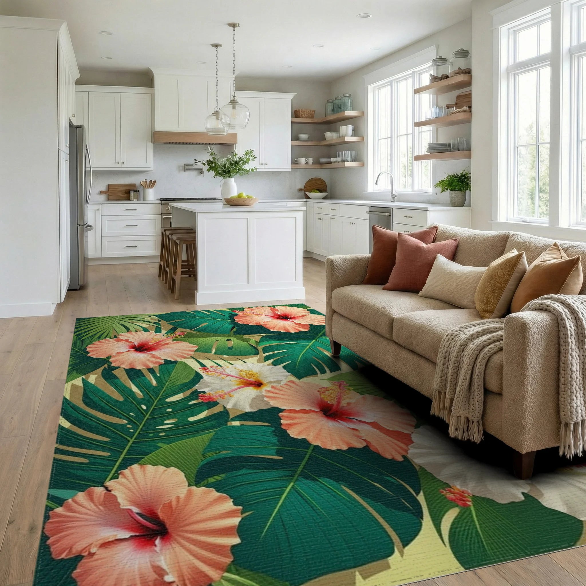 Tropical Hibiscus Flower Botanical Print Rug Living Room View