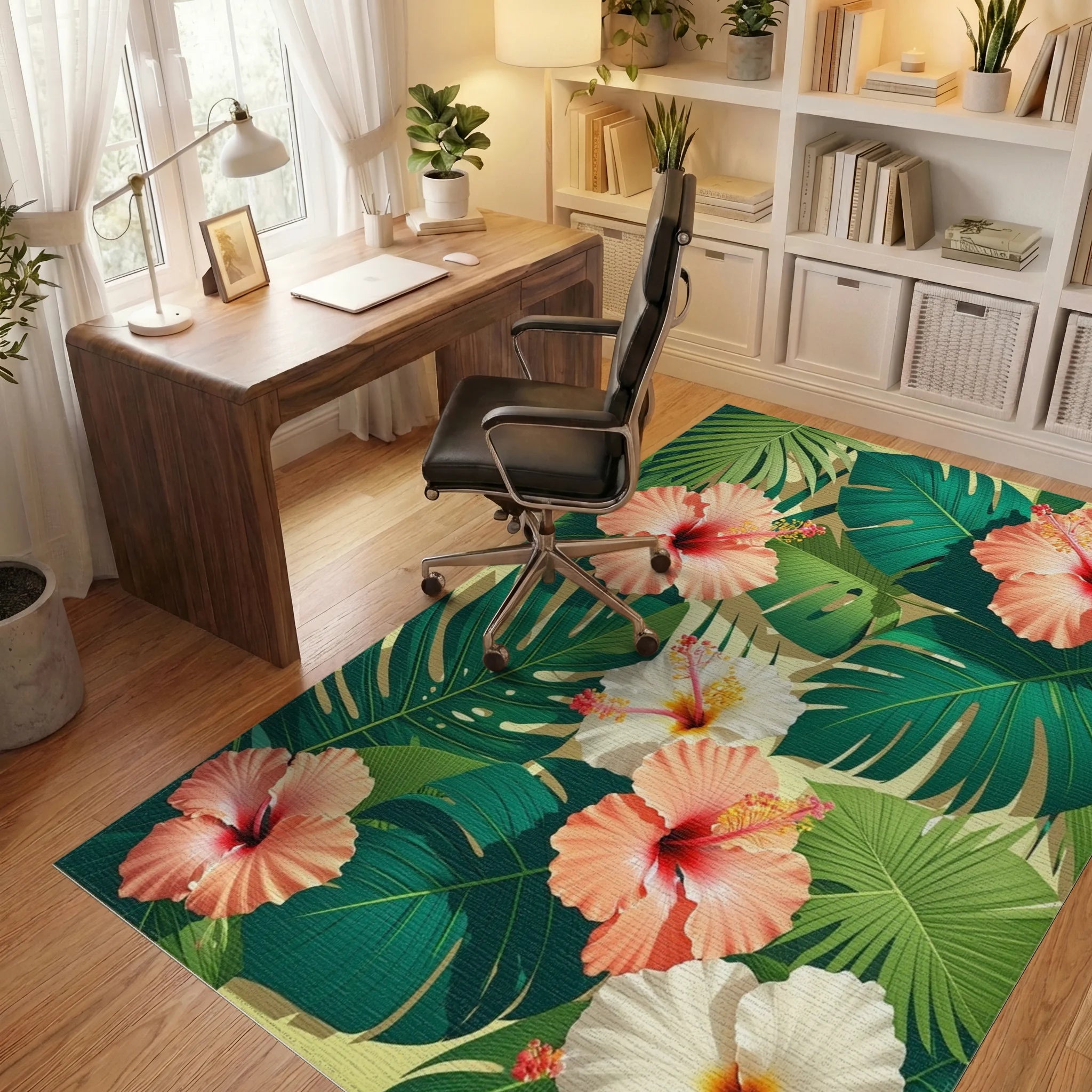 Tropical Hibiscus Flower Botanical Print Rug Office View