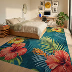 Tropical Hibiscus Flower Teal Rug - Bedroom View