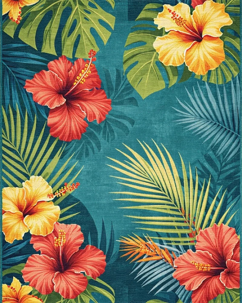 Tropical Hibiscus Flower Teal Rug - Cutout View
