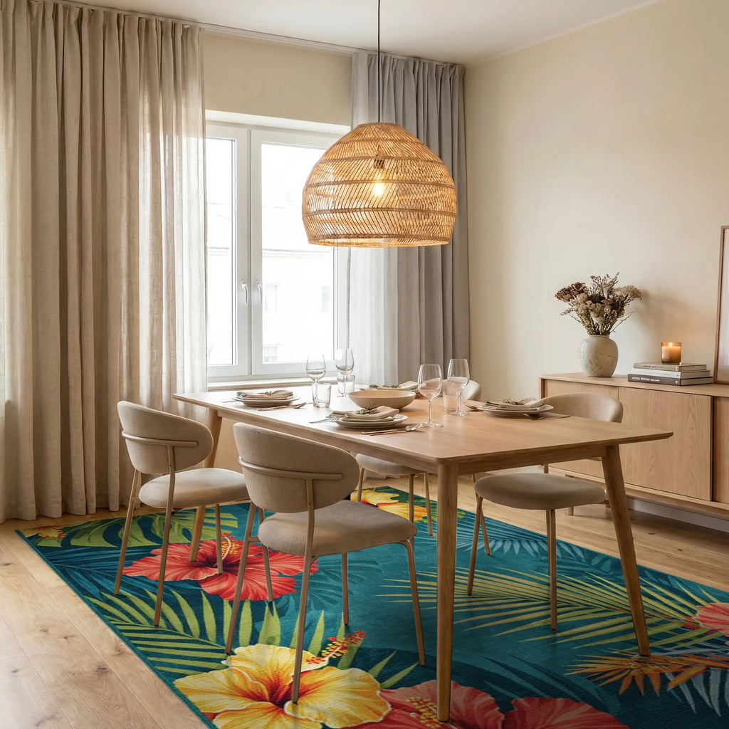 Tropical Hibiscus Flower Teal Rug - Dining Room View