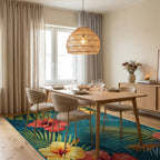 Tropical Hibiscus Flower Teal Rug - Dining Room View