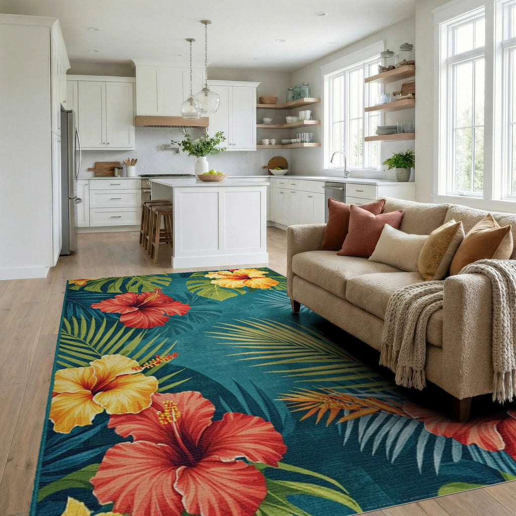Tropical Hibiscus Flower Teal Rug - Living Room View