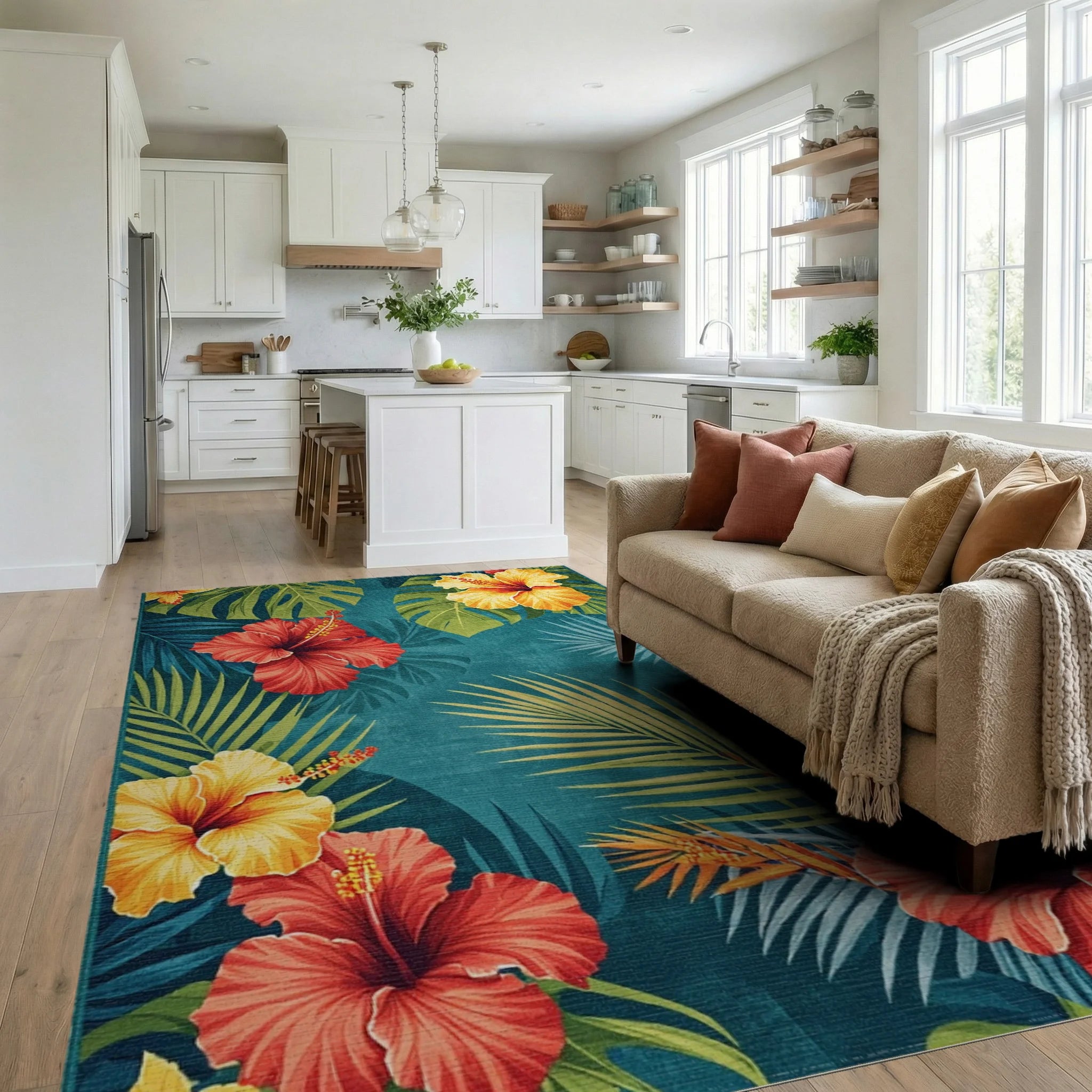 Tropical Hibiscus Flower Teal Rug - Living Room View