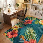 Tropical Hibiscus Flower Teal Rug - Office View