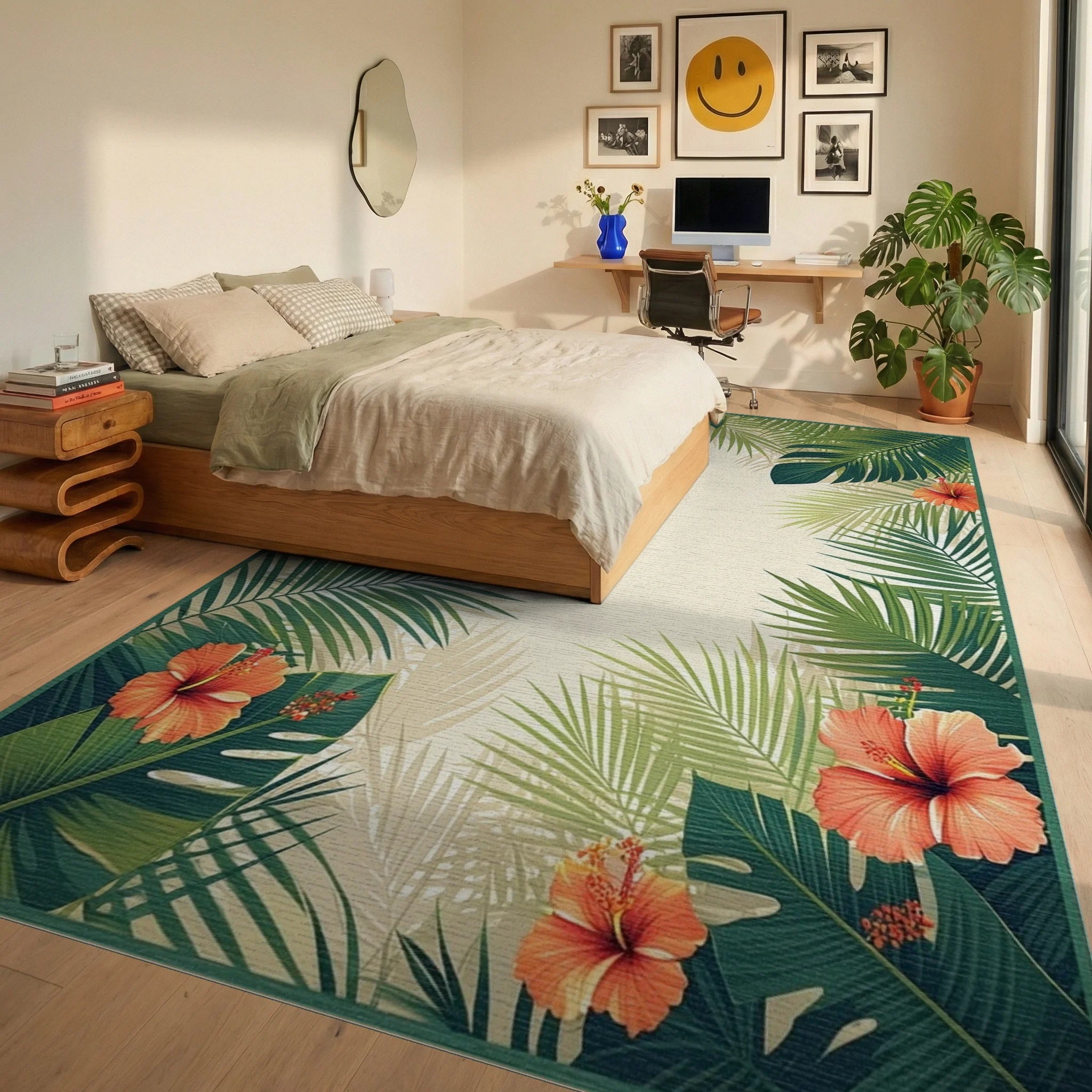 Tropical Hibiscus Palm Leaf Design Rug Bedroom View