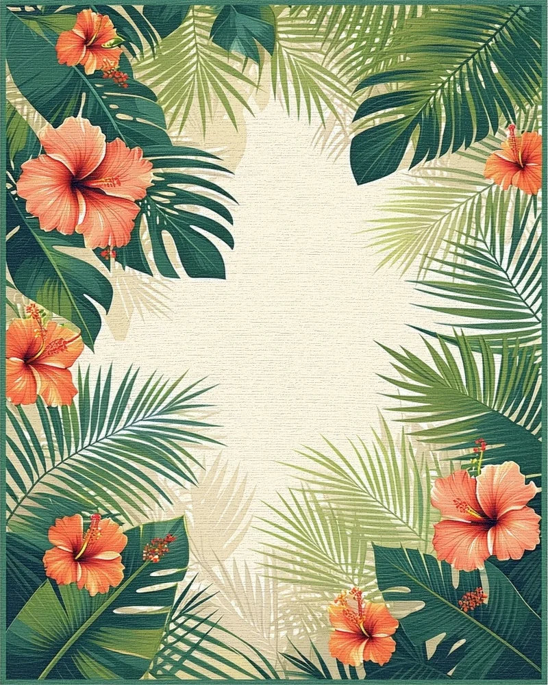Tropical Hibiscus Palm Leaf Design Rug - Cutout View