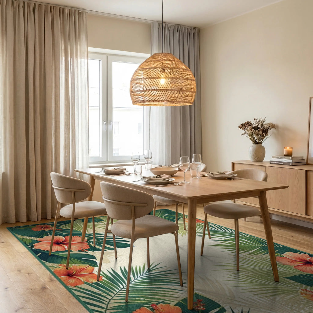 Tropical Hibiscus Palm Leaf Design Rug Dining Room View