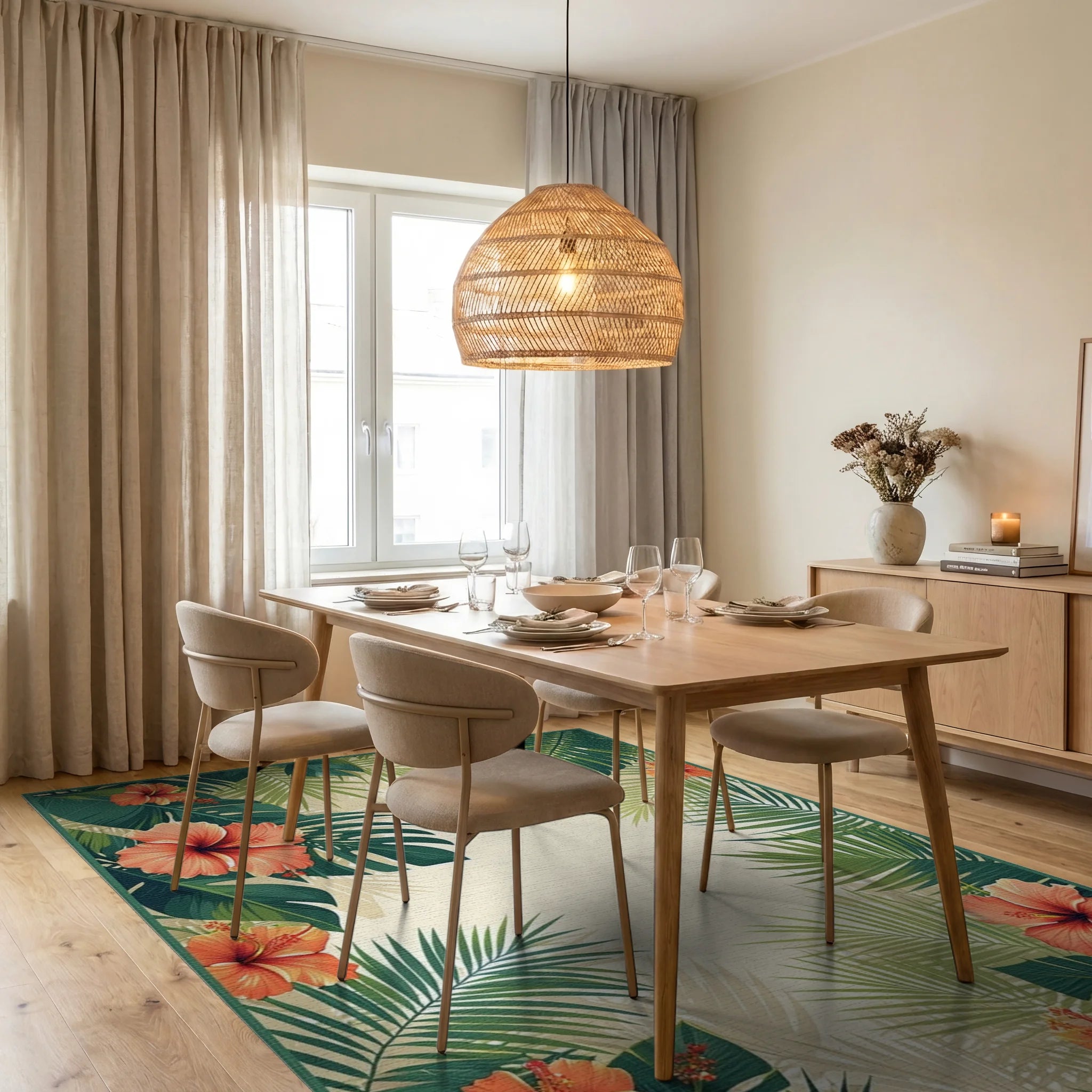 Tropical Hibiscus Palm Leaf Design Rug Dining Room View