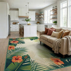 Tropical Hibiscus Palm Leaf Design Rug Living Room View