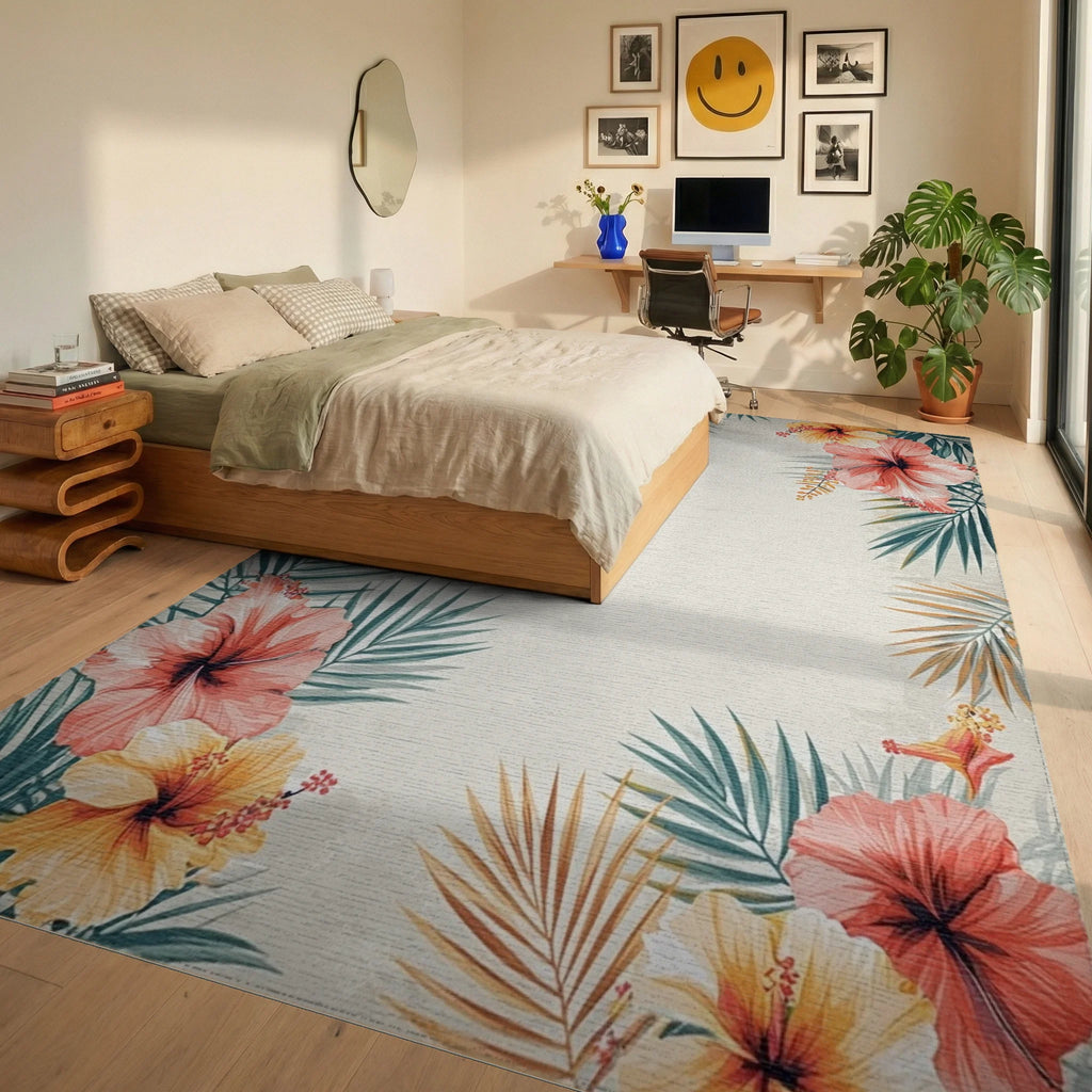 Tropical Hibiscus Palm Leaf Rug Bedroom View