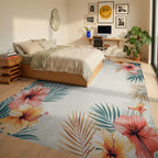 Tropical Hibiscus Palm Leaf Rug Bedroom View