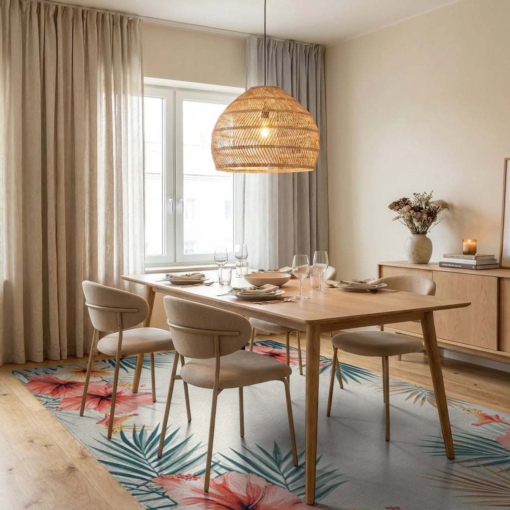 Tropical Hibiscus Palm Leaf Rug Dining Room View