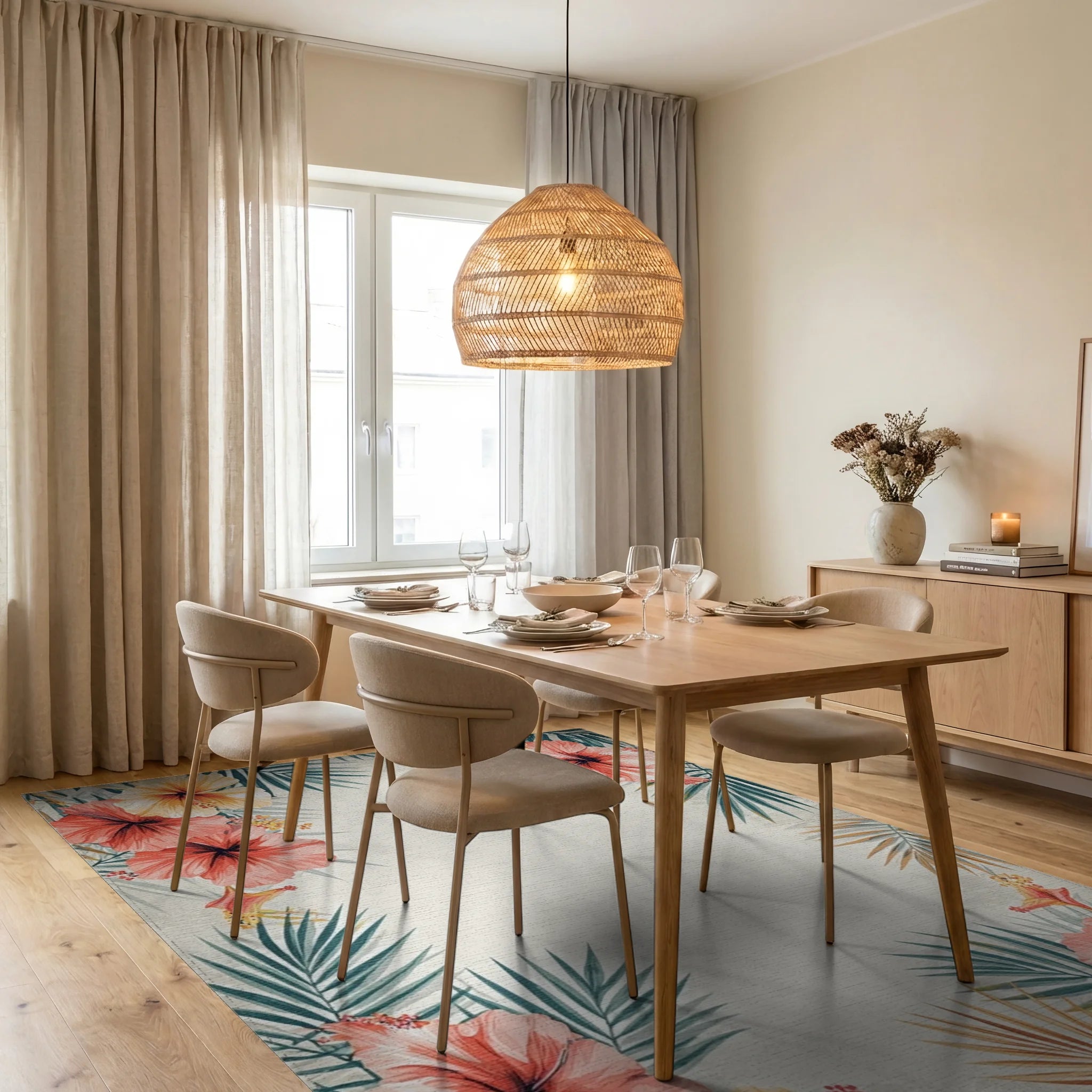 Tropical Hibiscus Palm Leaf Rug Dining Room View