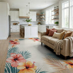 Tropical Hibiscus Palm Leaf Rug Living Room View