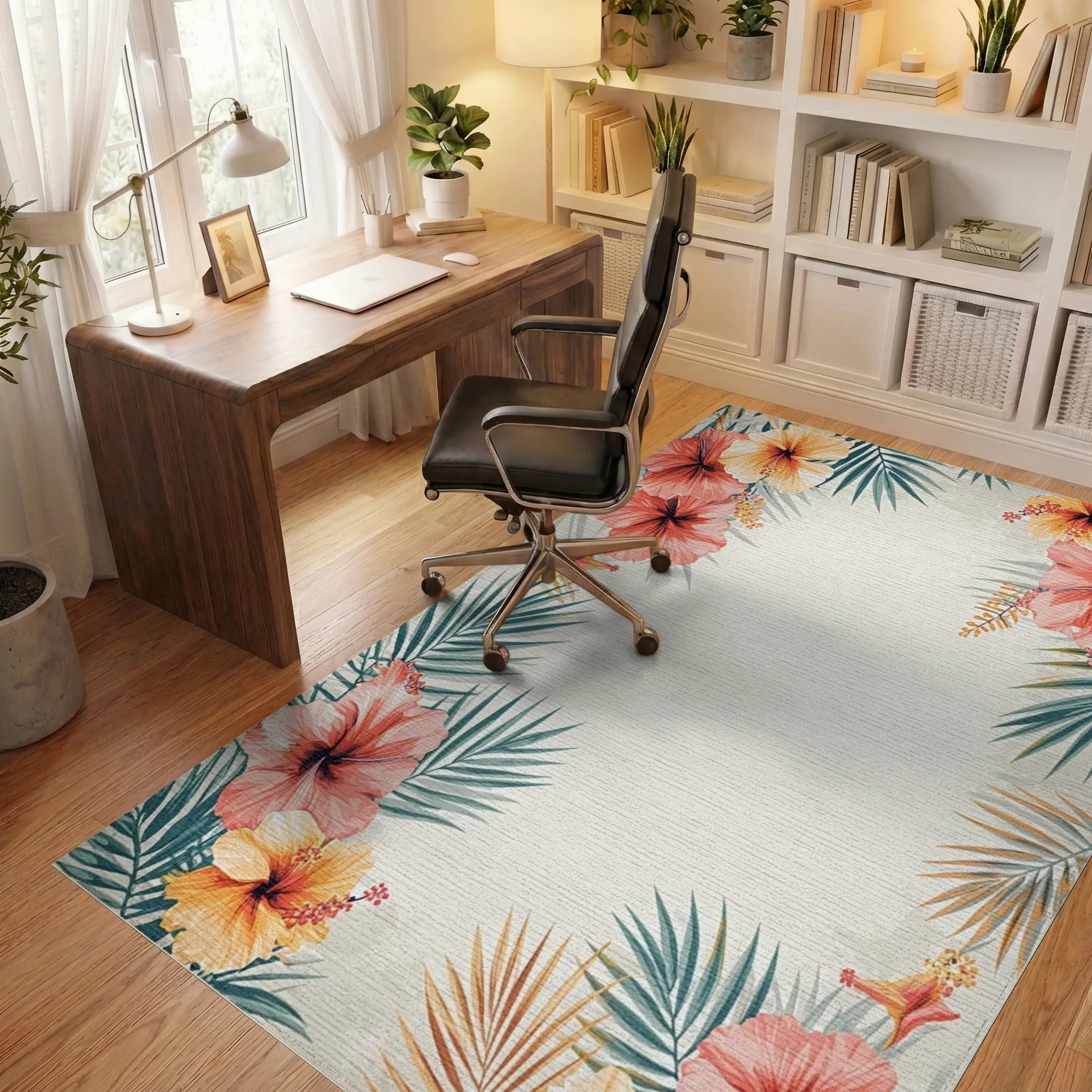 Tropical Hibiscus Palm Leaf Rug Office View